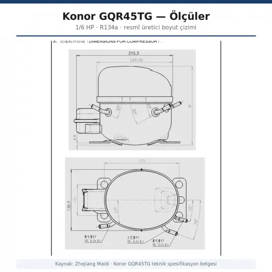Konor GQR45TG Hermetik Kompresör – 1/6 HP, R134a, 440 W / 1.501 BTU/h