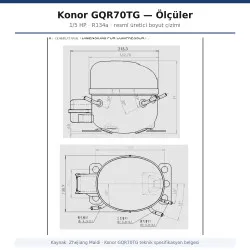Konor GQR70TG Hermetik Kompresör – 1/5 HP, R134a, 725 W / 2.474 BTU/h