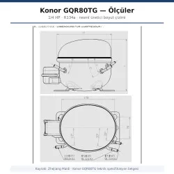 Konor GQR80TG Hermetik Kompresör – 1/4 HP, R134a, 790 W / 2.696 BTU/h