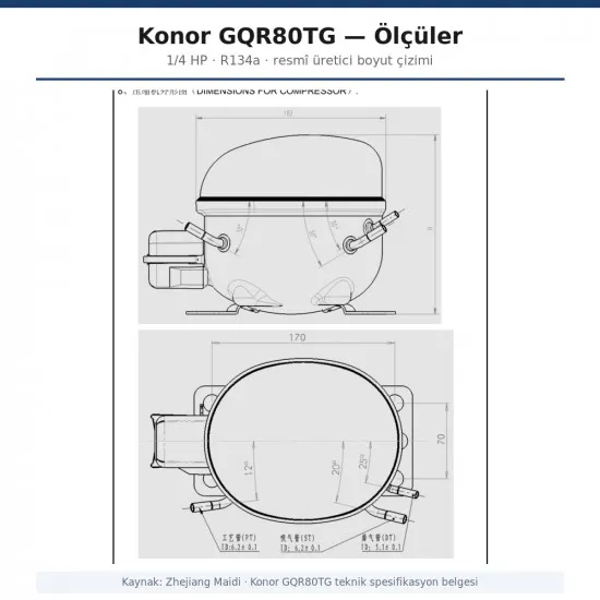 Konor GQR80TG Hermetik Kompresör – 1/4 HP, R134a, 790 W / 2.696 BTU/h