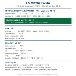 LG MBT029WMA Scroll Kompresör – 4 HP, R404A, 8.377 W / 28.582 BTU/h, 380-420 V Trifaze
