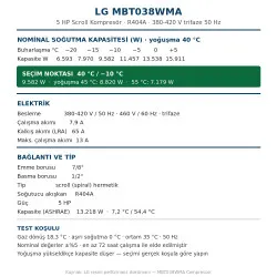 LG MBT038WMA Scroll Kompresör – 5 HP, R404A, 9.582 W / 32.694 BTU/h, 380-420 V Trifaze