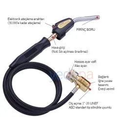 Mapp - Propan Gaz Hortumlu Jaglı Torç Hamlaç Elcek (Şaloma) ve Mapp Gas Dolu Kartuşu