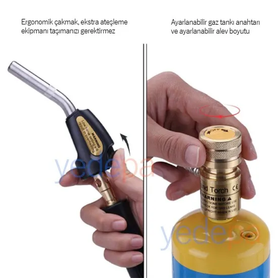 Mapp - Propan Gaz Hortumlu Jaglı Hamlaç Elcek (Şaloma) ve Mapp Gas Dolu Kartuşu