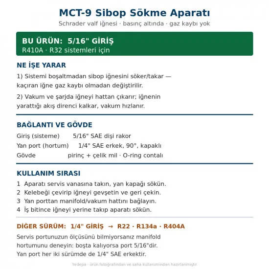 MCT-9 Sibop (Schrader Valf İğnesi) Sökme Aparatı – 5/16" Giriş (R410A · R32) × 1/4" Yan Port