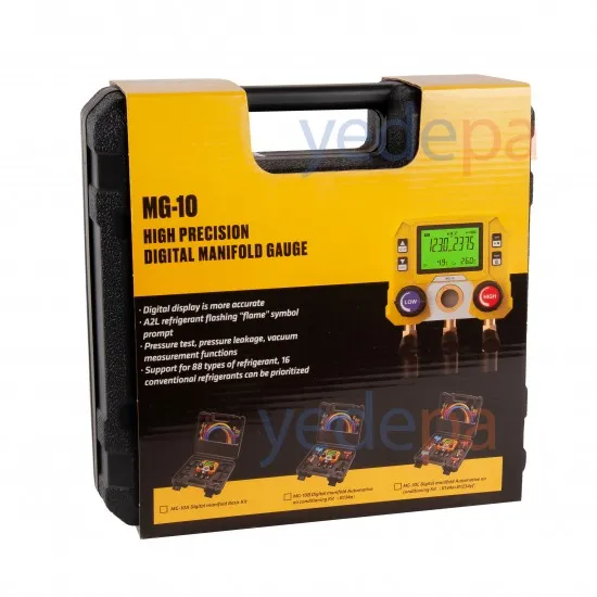 MG-10 Yüksek Hassasiyetli Dijital Manifold Saat Seti - 88 Soğutucu Gaz (R410A, R32, R134a, R22 vb.) Uyumlu, Vakum ve Kaçak Test Fonksiyonlu
