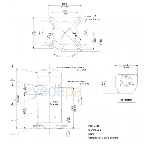 Panasonic C-SBN523H8D R410A Scroll Kompresör – 7 HP, 3 Faz, 50Hz, 380-415V, 65,000 BTU