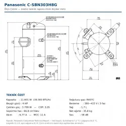 Panasonic C-SBN303H8G Vanasız Scroll Kompresör – 4 HP / 39.600 BTU, R134A-R404A-R407C