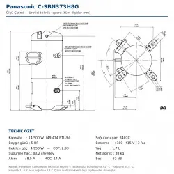 Panasonic C-SBN373H8G Vanasız Scroll Kompresör – 5 HP / 49.500 BTU, R134A-R404A-R407C