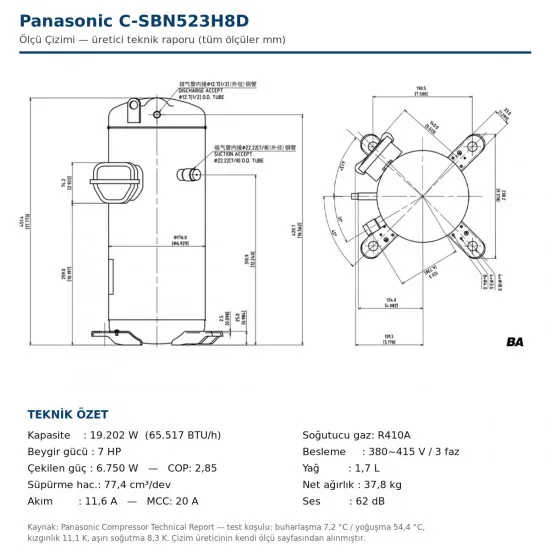 Panasonic C-SBN523H8D R410A Scroll Kompresör – 7 HP, 3 Faz, 50Hz, 380-415V, 65.500 BTU