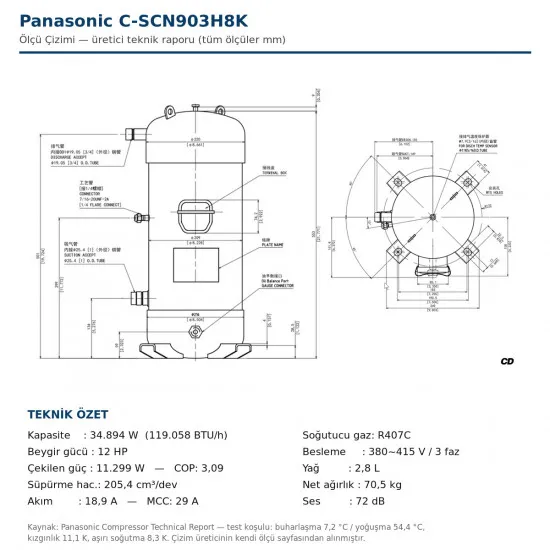 Panasonic C-SCN903H8K Vanasız Scroll Kompresör – 12 HP / 119.100 BTU, R134A-R404A-R407C