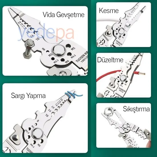 Profesyonel Çok Fonksiyonlu Kablo Sıyırma ve Kesme Pensesi - Yüksek Karbon Çelik, İzoleli Sap, Hassas Ayar Mekanizması