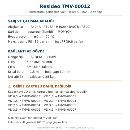 Resideo (Honeywell) TMV-00012 Termostatik Genleşme Valfi – R404A/R502, İç Denge, ±0…−50 °C