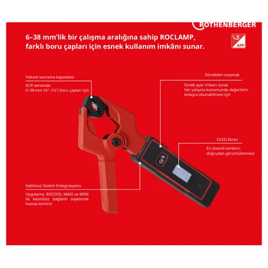 Rothenberger ROCLAMP Bluetooth Dijital Boru Sıcaklık Kıskacı – 6–38 mm, -40…150 °C, ROCOOL Uyumlu (1000005504)