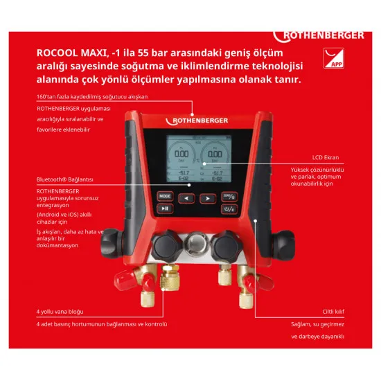 Rothenberger ROCOOL MAXI 4 Yollu Dijital Manifold Seti – Bluetooth, -1…55 bar, R32 Uyumlu (1000005503)