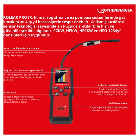 Rothenberger ROLEAK PRO IR Kızılötesi Gaz Kaçak Dedektörü – 4 g/yıl, R32 ve HFO-1234yf Uyumlu (1000005063)