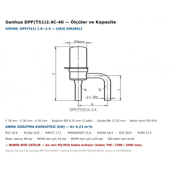 Sanhua DPF(TS1)2.4C-40 Elektronik Genleşme Vanası (EEV) – Kv 0,23 · 500 Adım · Ø6,35 mm Dirsekli Bağlantı