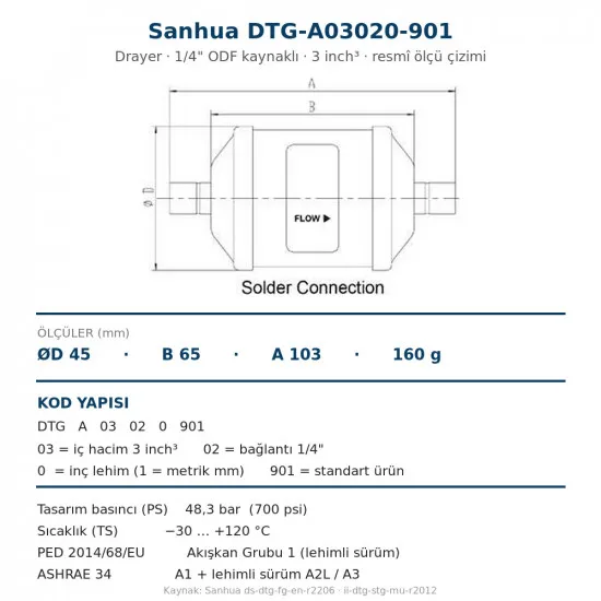 Sanhua DTG-A03020-901 Drayer (Kurutucu Filtre) – 1/4" ODF Kaynaklı, 3 inch³, 48,3 bar