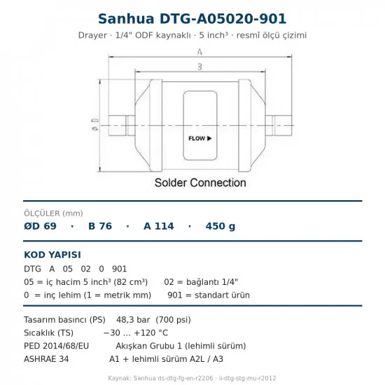 Sanhua DTG-A05020-901 Drayer (Kurutucu Filtre) – 1/4" ODF Kaynaklı, 5 inch³, 48,3 bar