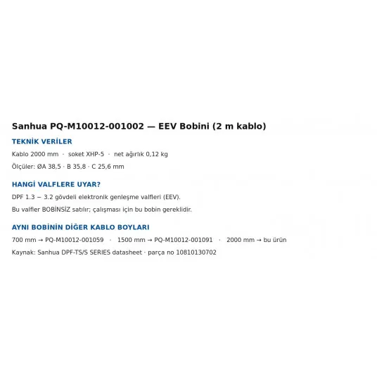 Sanhua PQ-M10012-001002 Elektronik Genleşme Vanası Bobini – 2 m Kablolu, XHP-5 Soket