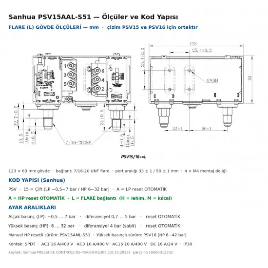 Sanhua PSV15AAL-S51 Çift Basınç Prosestatı – LP −0,5~7 Bar / HP 6~32 Bar, Her İki Taraf Otomatik Reset, 7/16" Flare