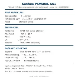 Sanhua PSV50AL-S51 Yüksek Basınç Prosestatı – 6…32 bar, Otomatik Reset, Flare, SPDT