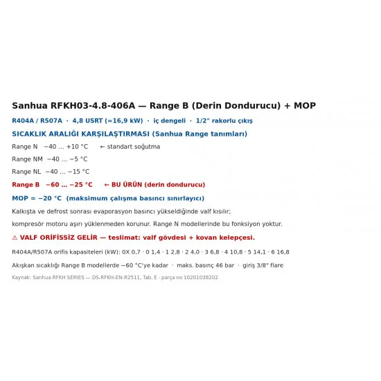 Sanhua RFKH03-4.8-406A Termostatik Genleşme Valfi – R404A/R507A, Range B (−60…−25 °C), MOP −20 °C, 1/2" Rakorlu