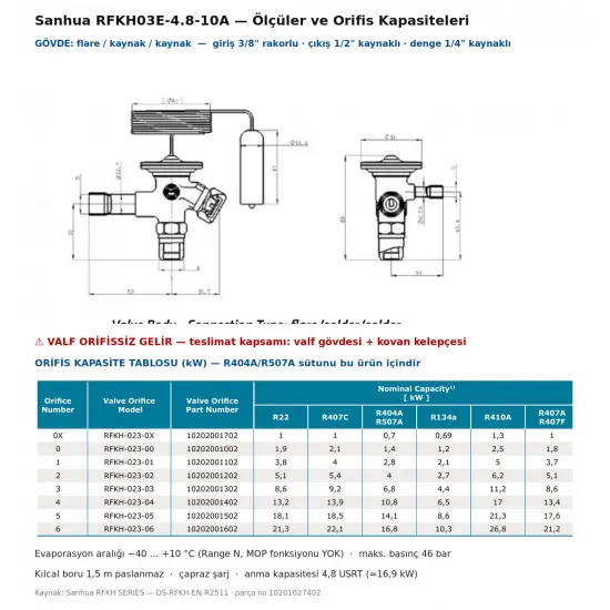 Sanhua RFKH03E-4.8-10A Termostatik Genleşme Valfi – R404A / R507A, Dış Dengeli, 1/2" Kaynaklı Çıkış, 4,8 USRT