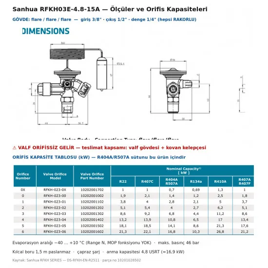 Sanhua RFKH03E-4.8-15A Termostatik Genleşme Valfi – R404A / R507A, Dış Dengeli, 1/2" Rakorlu Çıkış, 4,8 USRT