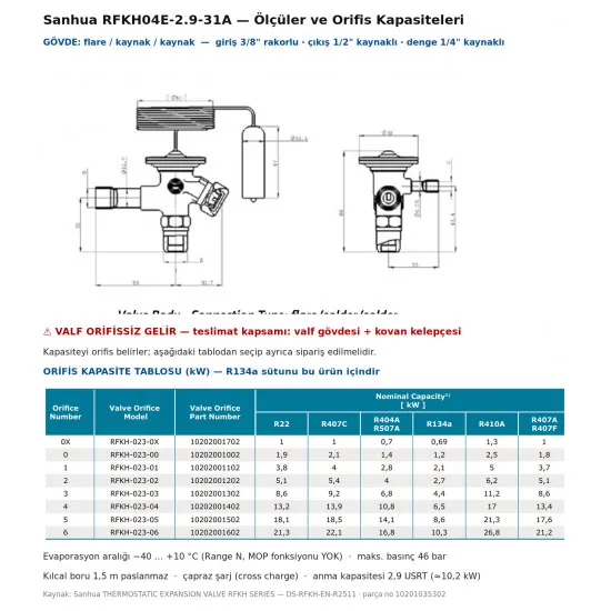 Sanhua RFKH04E-2.9-31A Termostatik Genleşme Valfi – R134a, Dış Dengeli, 1/2" Kaynaklı Çıkış, 2,9 USRT