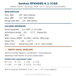 Sanhua RFKH08E-6.1-318A Termostatik Genleşme Valfi – R448A/R449A, Dış Denge, MOP −10 °C, Kaynaklı