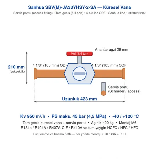 Sanhua SBV(M)-JA33YHSY-2-SA Küresel Vana & Servis Portu – 4 1/8" ODF (105 mm) | Tam Geçiş | Kv 950 m³/h