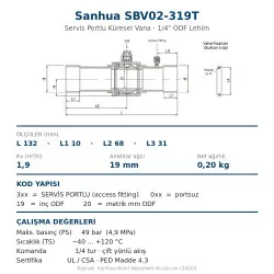 Sanhua SBV02-319T Küresel Vana Servis Portlu – 1/4" ODF Lehim, Kv 1,9, 49 bar