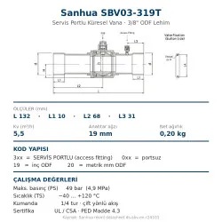 Sanhua SBV03-319T Küresel Vana Servis Portlu – 3/8" ODF Lehim, Kv 5,5, 49 bar