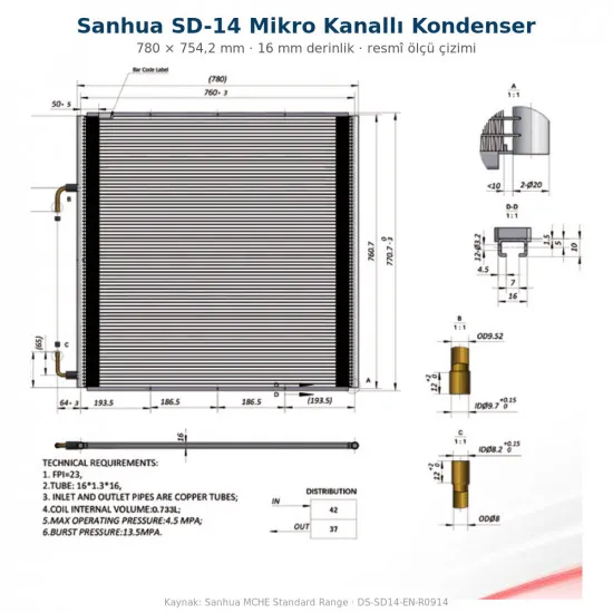 Sanhua SD-14 Mikro Kanallı Isı Değiştirici (Kondenser) | 780 × 754,2 mm | 5,8-16,3 kW (R410A) | 45 bar
