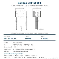 Sanhua SHF-56001 4 Yollu Vana Bobini – AC 220-240 V, 4,5 W, IP54, 500 mm Kablolu