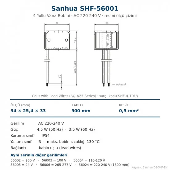 Sanhua SHF-56001 4 Yollu Vana Bobini – AC 220-240 V, 4,5 W, IP54, 500 mm Kablolu