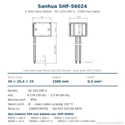 Sanhua SHF-56024 4 Yollu Vana Bobini – AC 220-240 V, 4,5 W, IP54, 1500 mm Kablolu