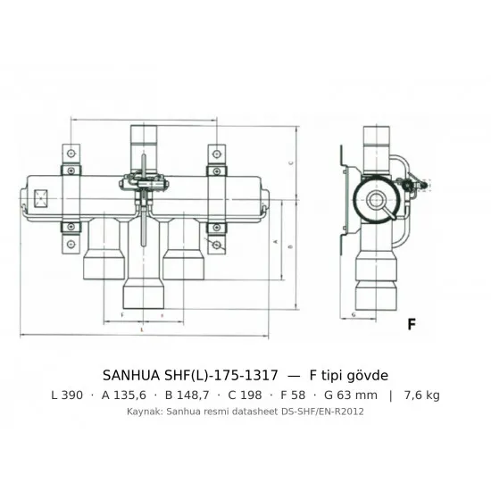 Sanhua SHF(L)-175-1317 4 Yollu Çevirme (Reversing) Vanası | ~190 kW R410A | 1 5/8" + 2 1/8" ODF | Bobin Ayrı