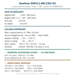 Sanhua SHF(L)-4H-23U-52 4 Yollu Çevirme (Reversing) Vanası – 5/16"→3/8", Kv 1,6, Inverter Uyumlu, Bobinsiz