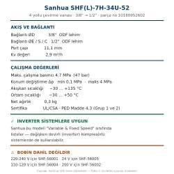 Sanhua SHF(L)-7H-34U-52 4 Yollu Çevirme (Reversing) Vanası – 3/8"→1/2", Kv 2,9, Inverter Uyumlu, Bobinsiz