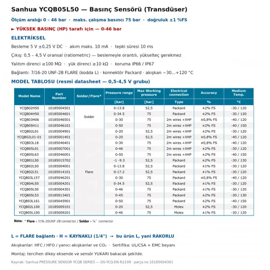 Sanhua YCQB05L50 Basınç Sensörü (Transdüser) – 0 – 46 bar, 0,5-4,5 V Oransal Çıkış, 7/16" Flare