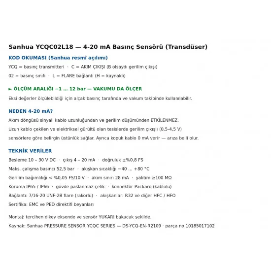 Sanhua YCQC02L18 Basınç Sensörü (Transdüser) – 4-20 mA Çıkış, −1…12 Bar, 7/16" Flare, Packard
