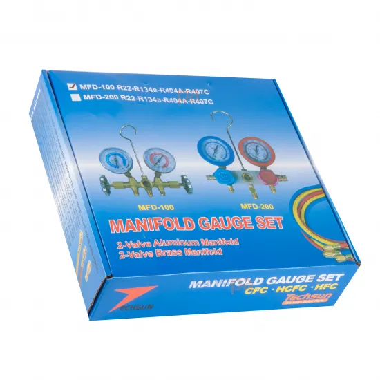Techsun MFD-100 Yandan Vanalı Manifold Seti - R22, R134a, R404a, R407C Gazları İçin - 3 x 90 cm Hortumlu