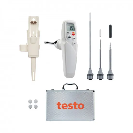 Testo 105 Gıda Termometresi Seti – Standart, Dondurulmuş Gıda ve Uzun Ölçüm Uçlu, −50…+275 °C, IP65, Alüminyum Çanta (0563 1052)