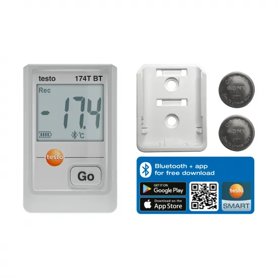 Testo 174 T BT Bluetooth Mini Sıcaklık Kayıt Cihazı (Data Logger) – −30…+70 °C, IP65, EN 12830, Soğuk Oda ve Dondurucu İçin (0572 1742 01)