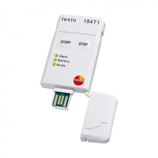 Testo 184 T1 Nakliye Sıcaklık Kayıt Cihazı (USB Data Logger) – Tek Kullanımlık, 90 Gün, −35…+70 °C, 16.000 Değer, PDF Rapor, EN 12830 (0572 1841)