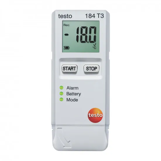 Testo 184 T3 Ekranlı Nakliye Sıcaklık Kayıt Cihazı (USB Data Logger) – Pili Değişebilir, 500 Gün, 40.000 Değer, −35…+70 °C, PDF Rapor (0572 1843)