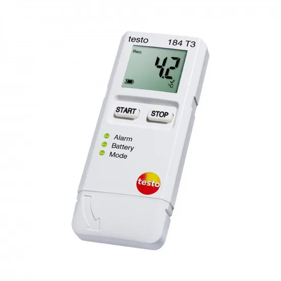 Testo 184 T3 Ekranlı Nakliye Sıcaklık Kayıt Cihazı (USB Data Logger) – Pili Değişebilir, 500 Gün, 40.000 Değer, −35…+70 °C, PDF Rapor (0572 1843)
