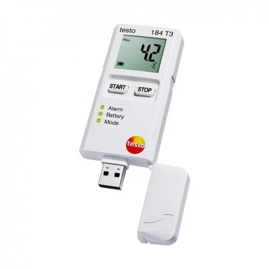 Testo 184 T3 Ekranlı Nakliye Sıcaklık Kayıt Cihazı (USB Data Logger) – Pili Değişebilir, 500 Gün, 40.000 Değer, −35…+70 °C, PDF Rapor (0572 1843)